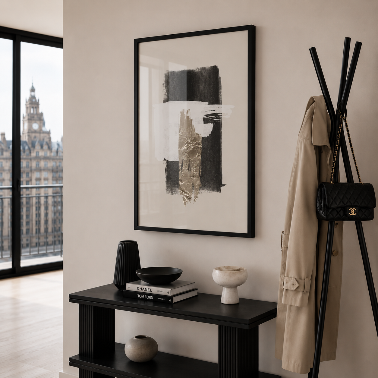 Modern interior with abstract art, coat rack, and decor items.