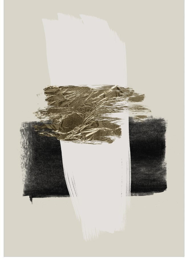 Abstract art piece with gold, black, and white colors on a beige background