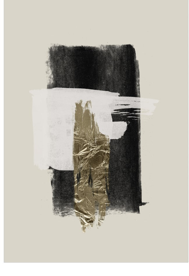 Abstract art piece with black, white, and gold elements on a beige background