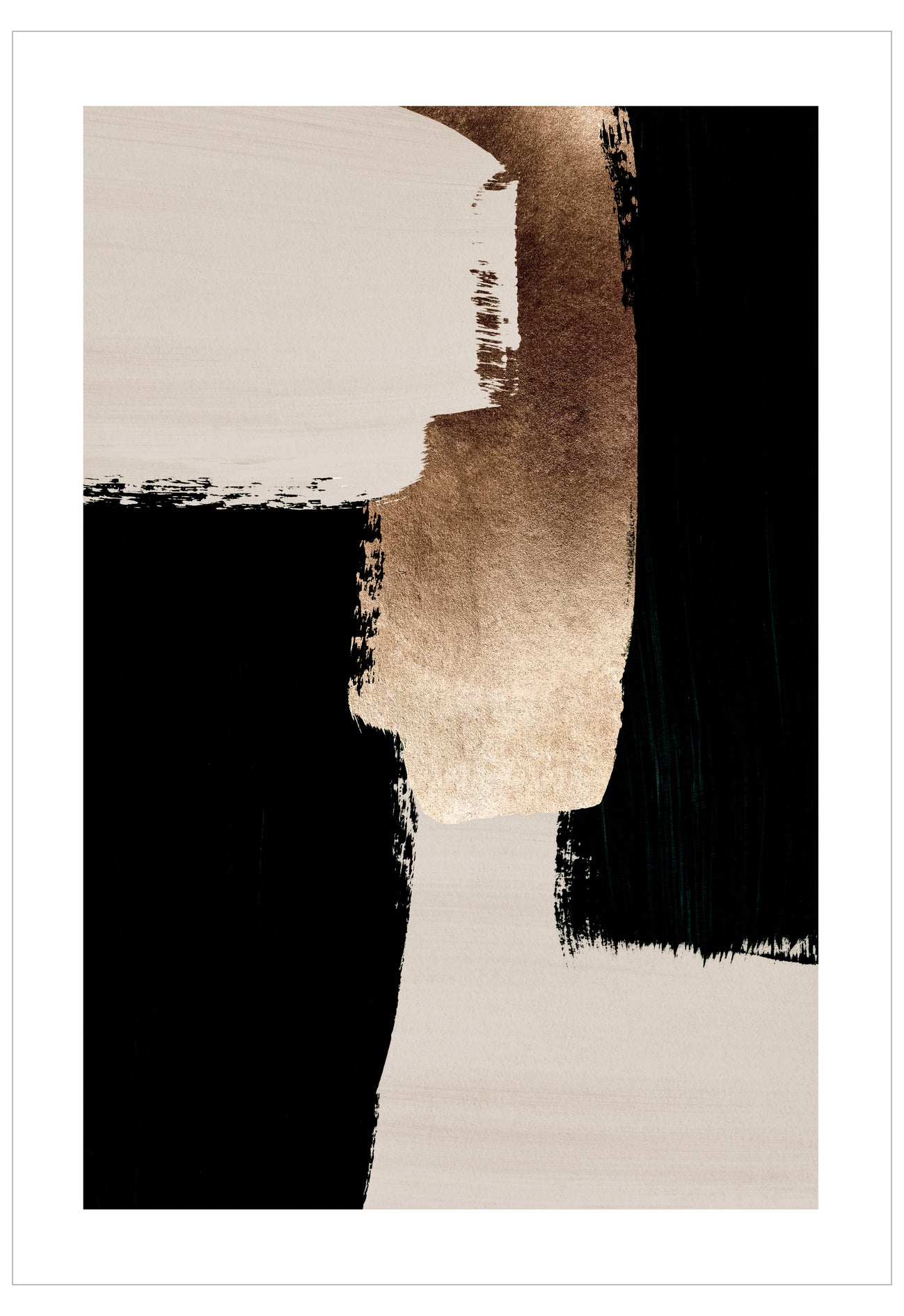 Abstract art with brush strokes in black, gold, and beige on a white background