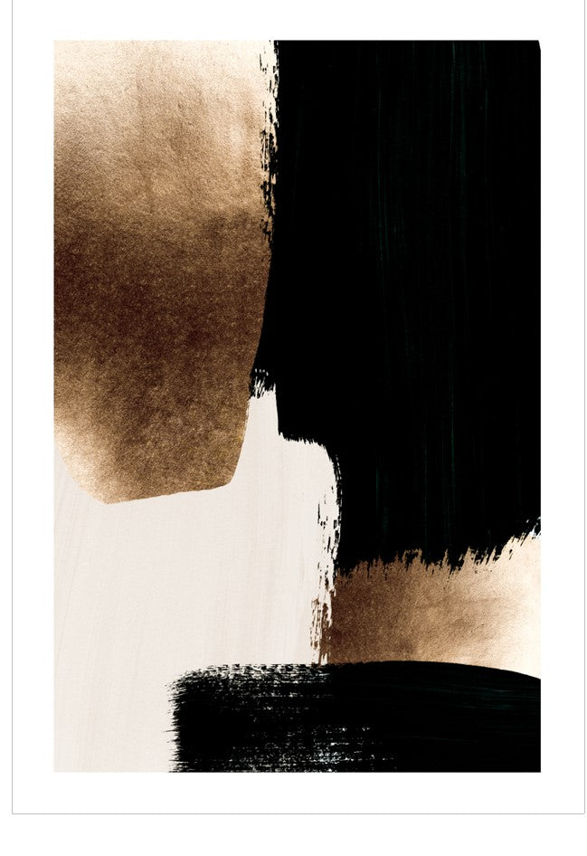 Abstract art print with black and brown brush strokes on a white background