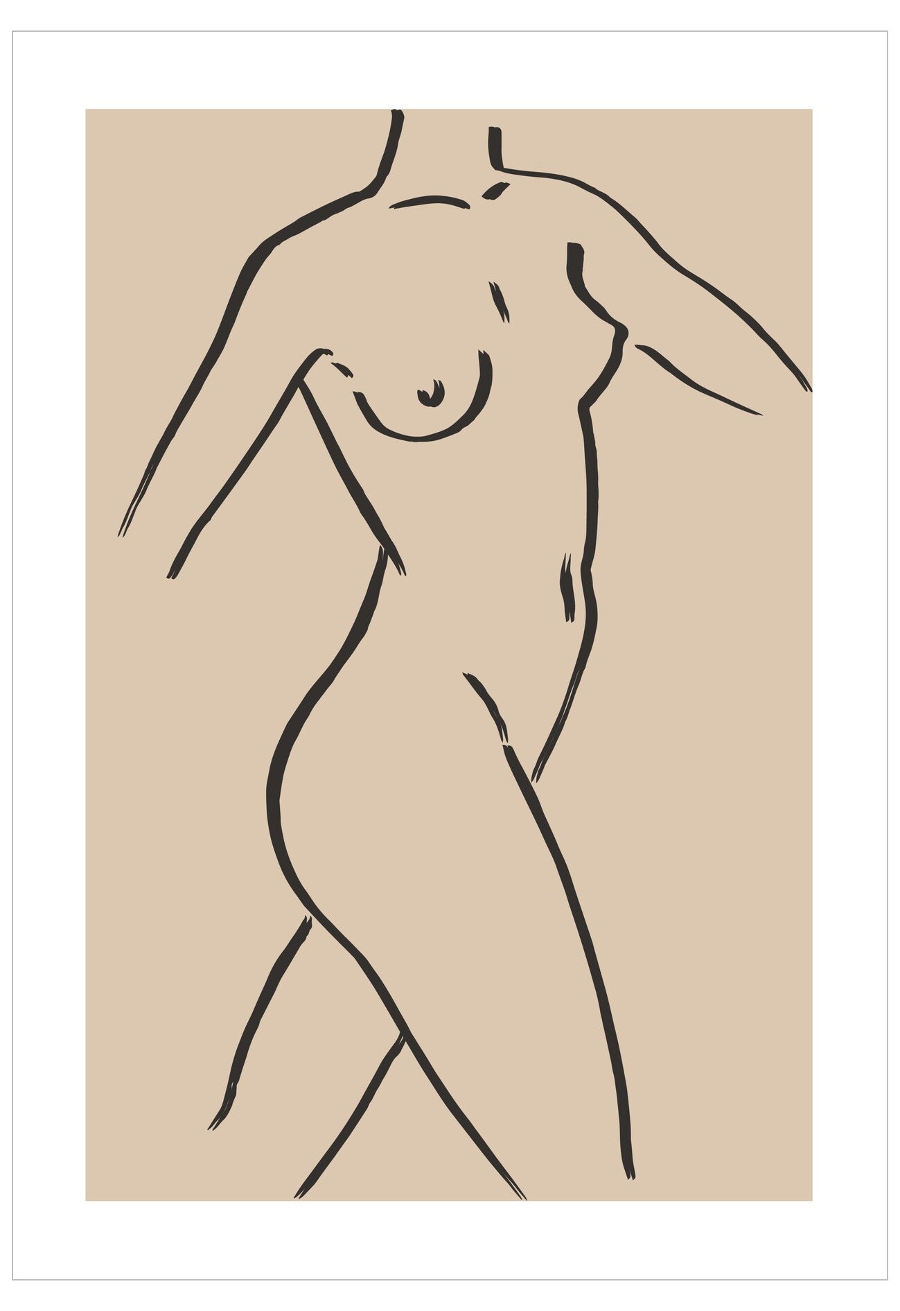 Minimalist line drawing of a nude figure on a beige background