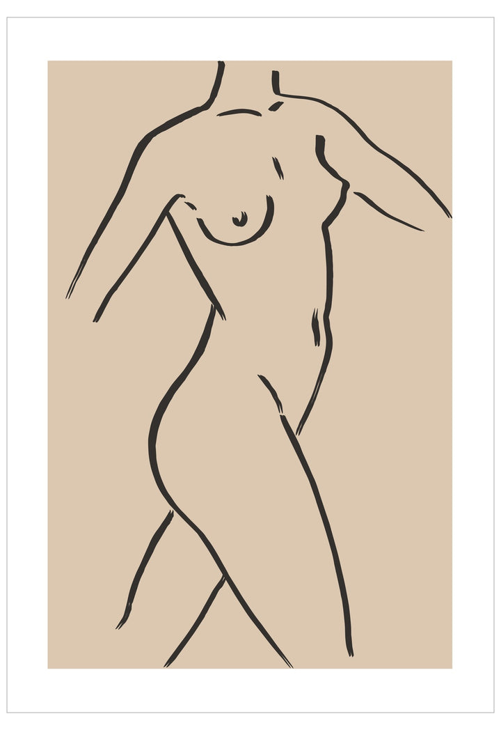 Minimalist line drawing of a nude figure on a beige background