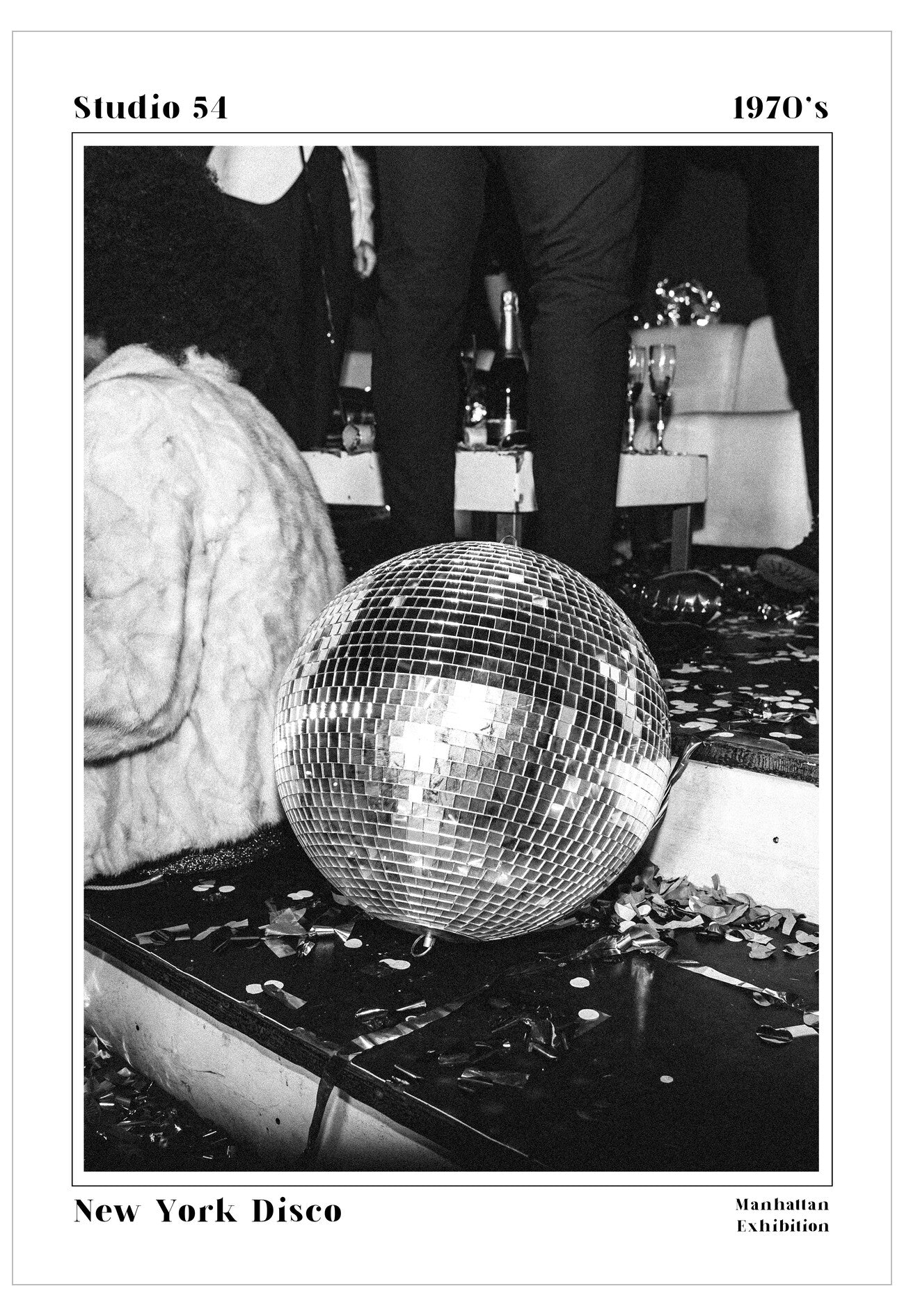 Black and white photo of a disco ball with people in the background, labeled 'Studio 54 1970's New York Disco Manhattan Exhibition'.