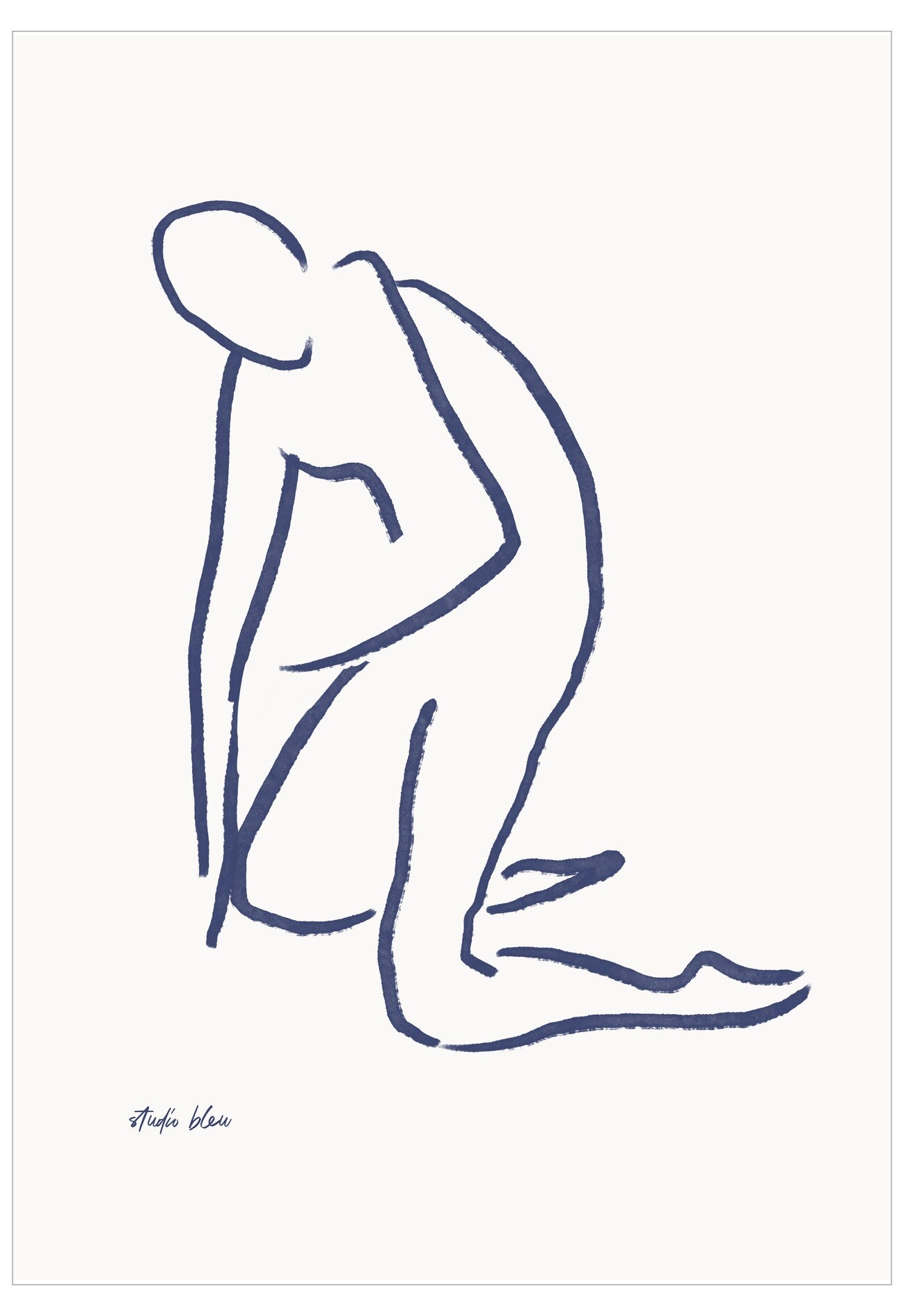 Navy line drawing of a seated figure on a white background