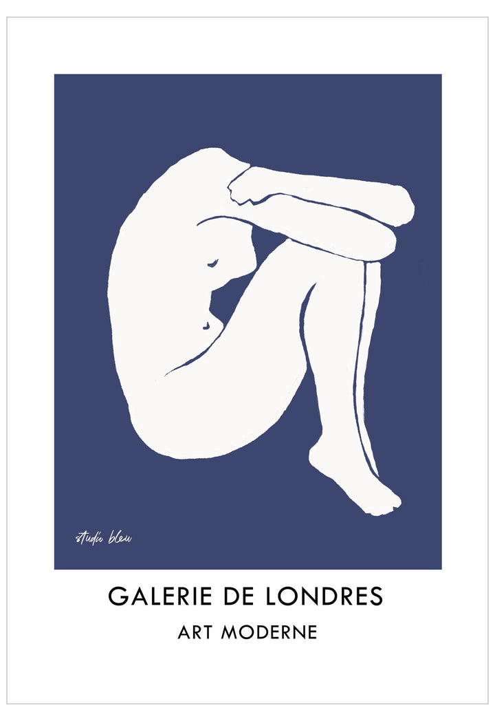 White silhouette of a nude figure on a blue background with 'Galerie de Londres' text.