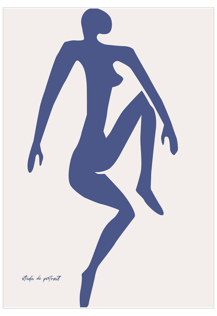 Blue silhouette of a nude figure on a white background