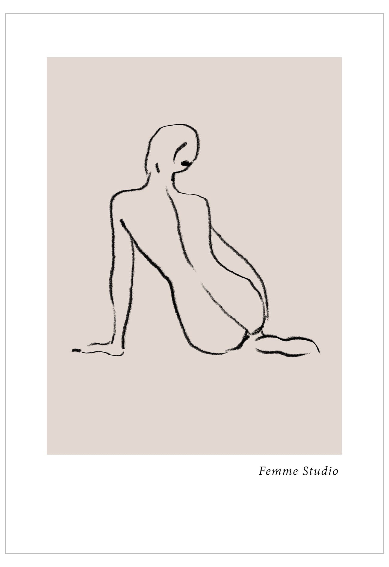 Surreal line drawing of a nude figure on a beige background with 'Femme Studio' branding.