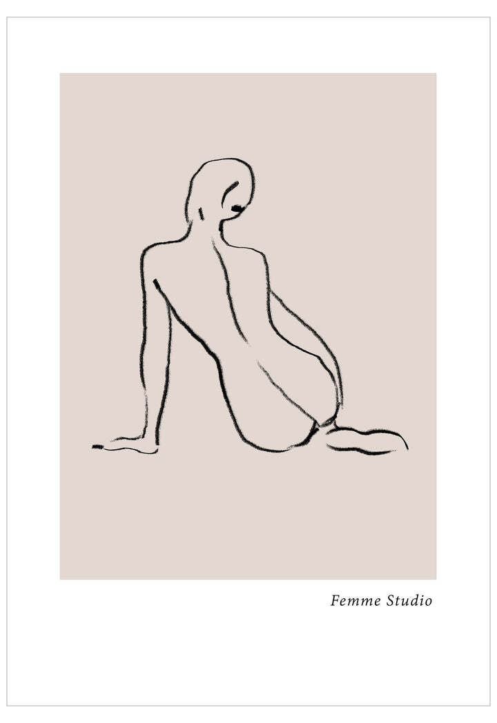 Surreal line drawing of a nude figure on a beige background with 'Femme Studio' branding.