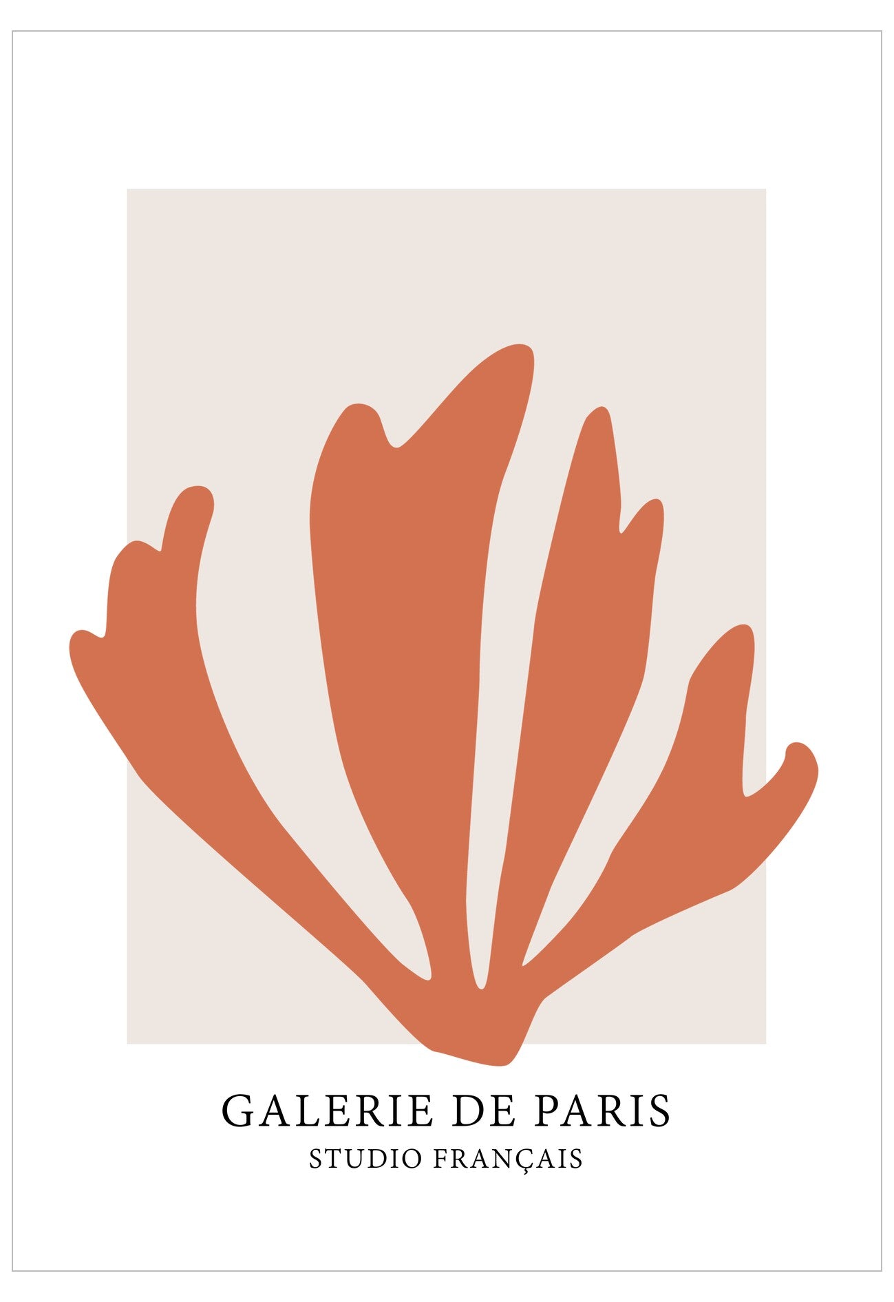 Decorative poster with a stylized orange leaf design on a beige background, featuring 'Galerie de Paris' branding.
