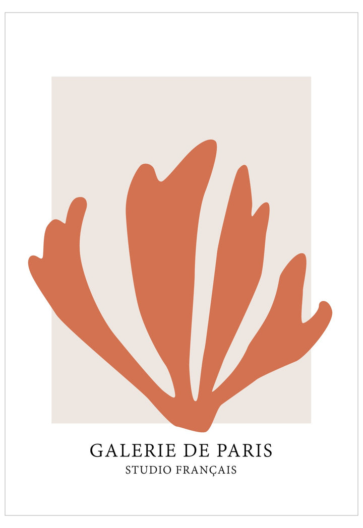 Decorative poster with a stylized orange leaf design on a beige background, featuring 'Galerie de Paris' branding.