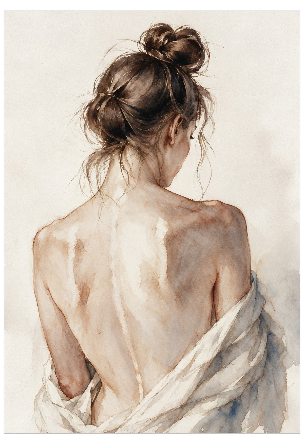 Study of Her Poster featuring a delicate watercolour portrait of a woman viewed from behind, with loosely pinned brunette hair and softly draped fabric in warm neutral tones.