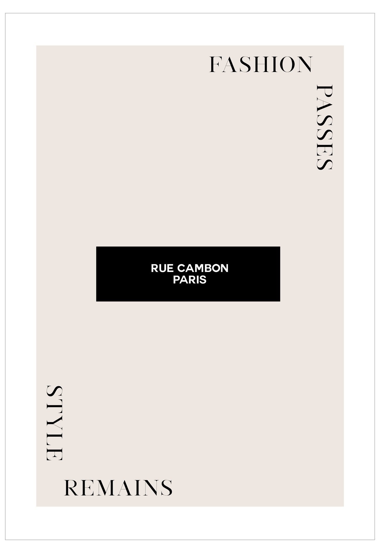 Poster with 'Rue Cambon Paris' on a light background with text about fashion and style.