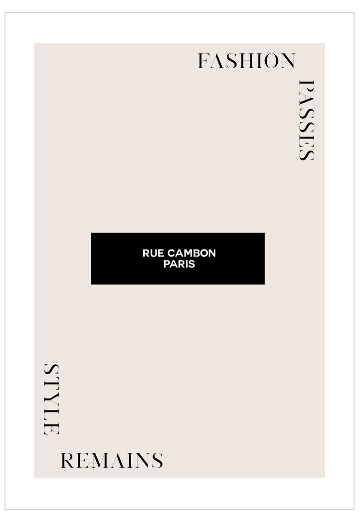 Poster with 'Rue Cambon Paris' on a light background with text about fashion and style.