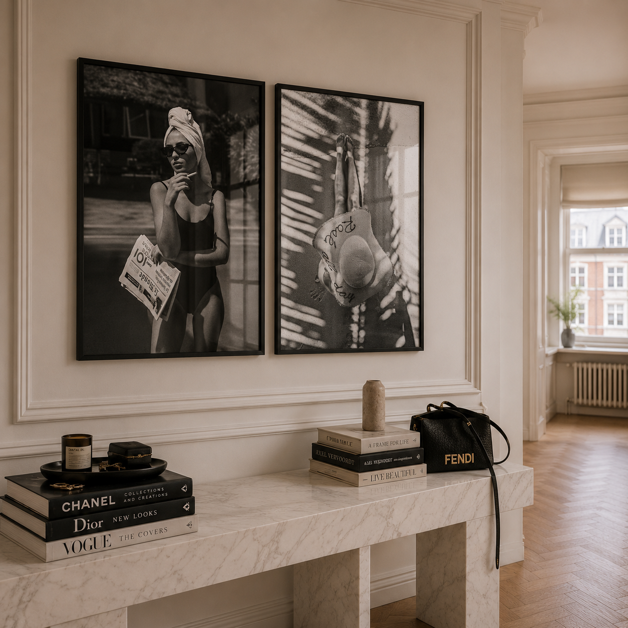 Black and white posters in a london townhouse hallway