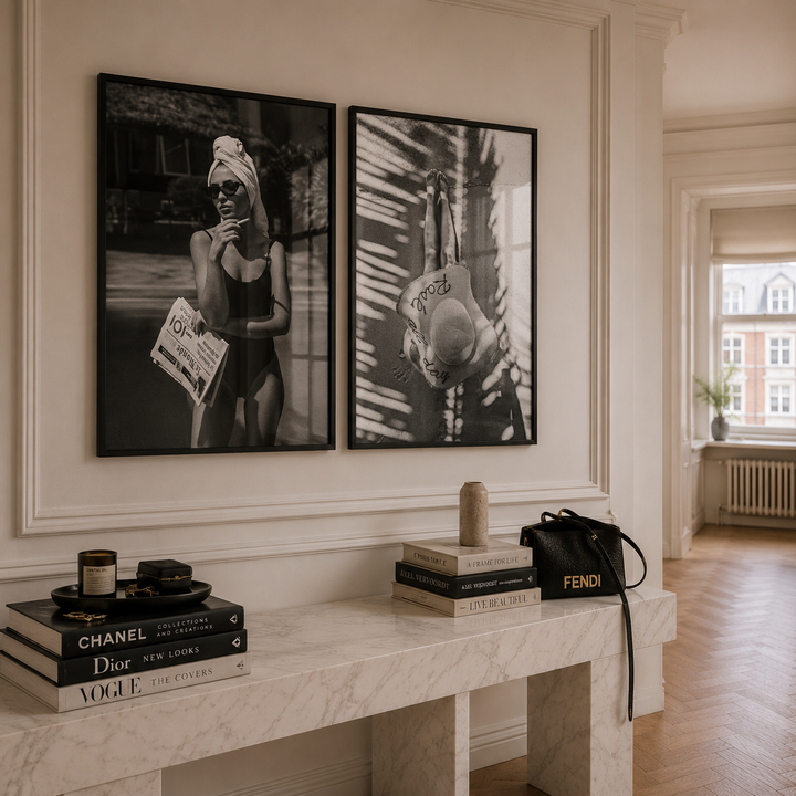 Black and white posters in a london townhouse hallway