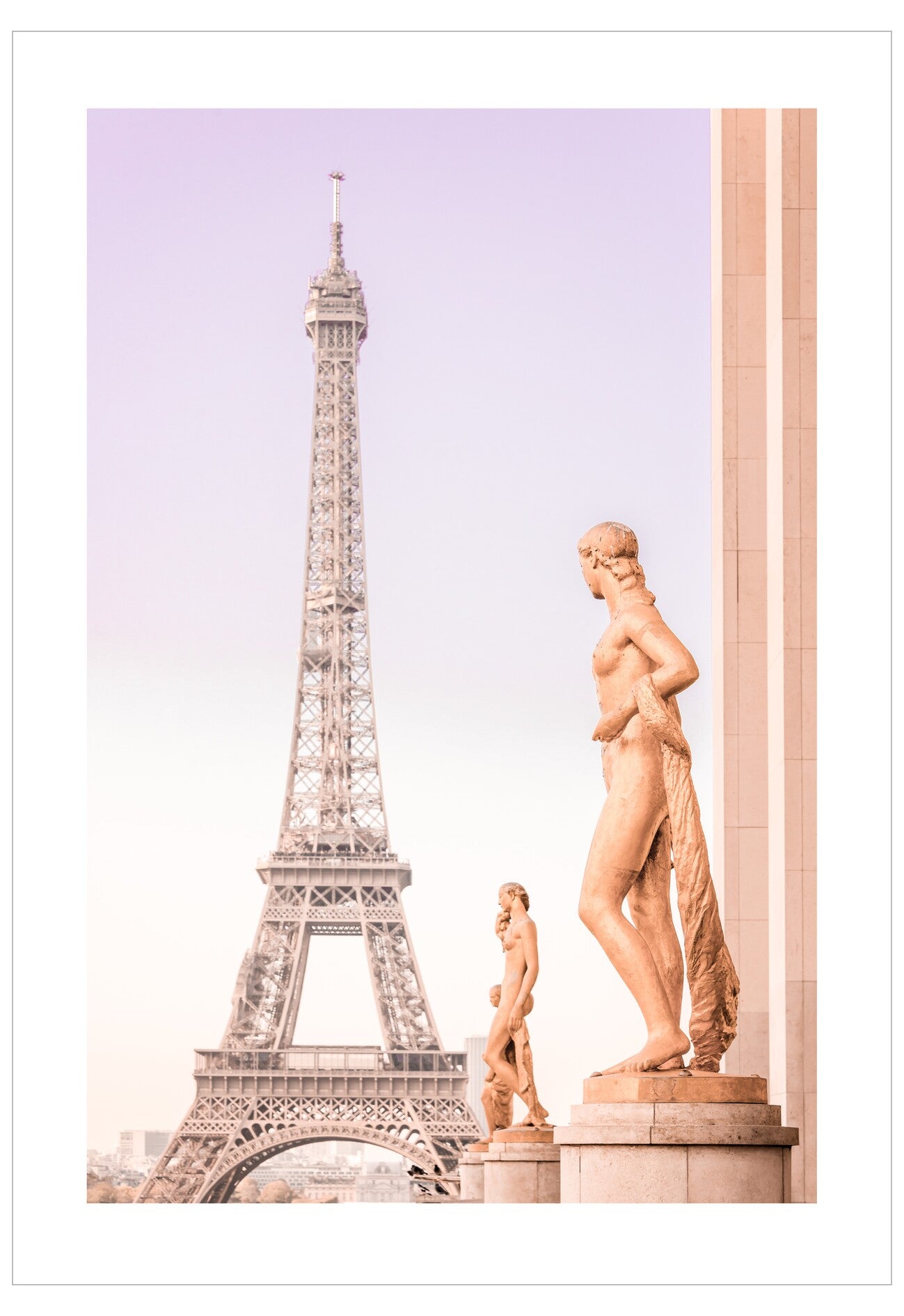 Eiffel Tower with statues on a light purple background