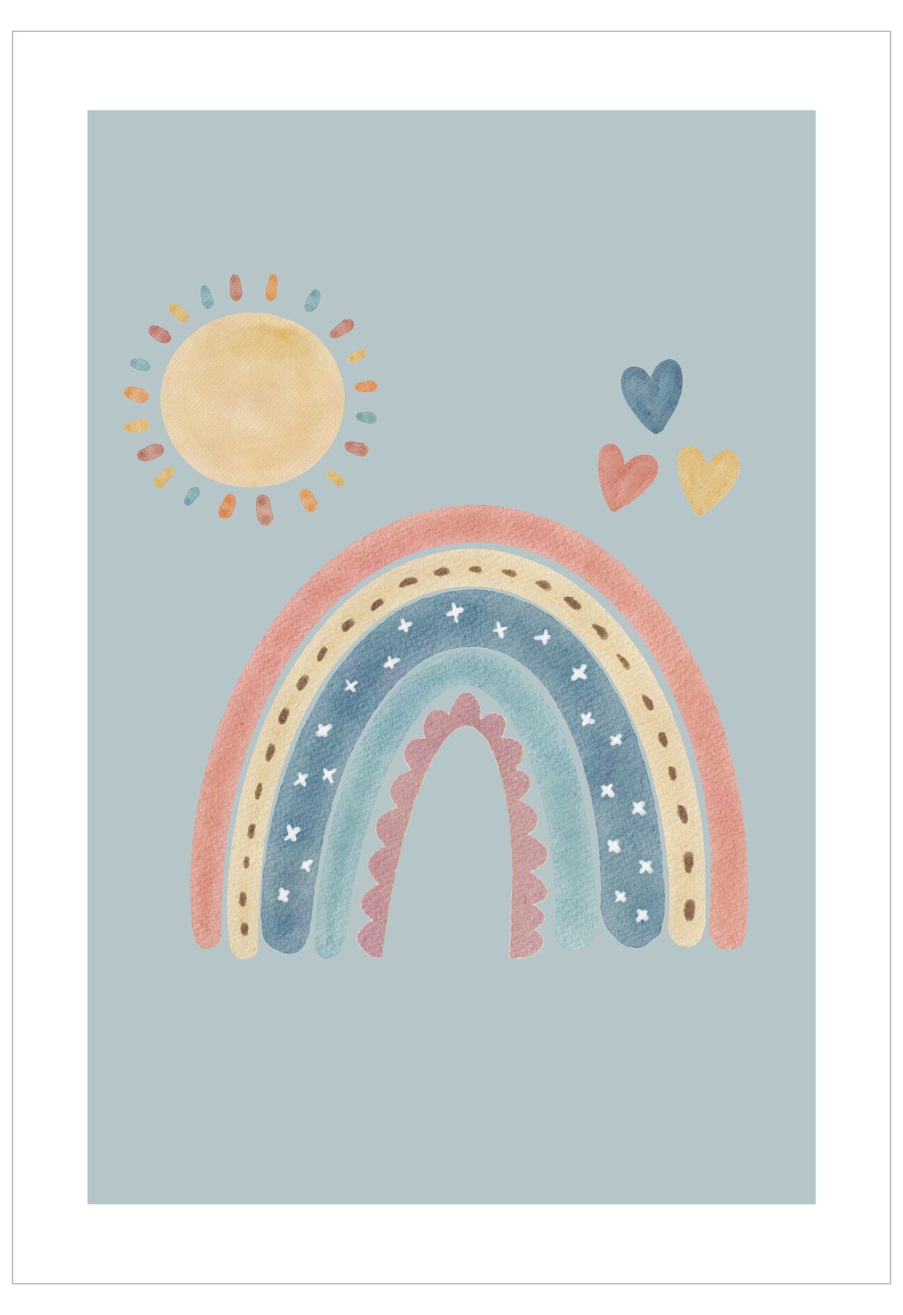 Poster with a rainbow, sun, and hearts on a light blue background