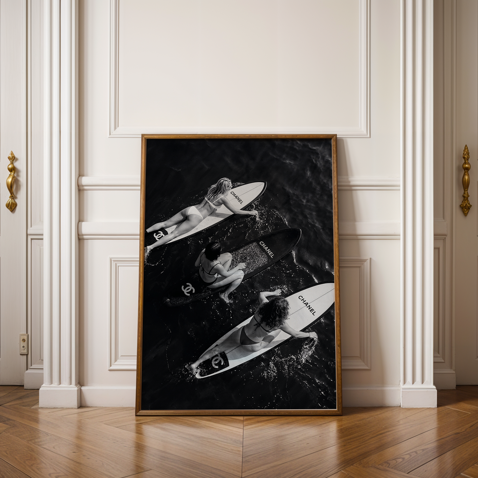 black and white photography image of women surfing on designer surf boards