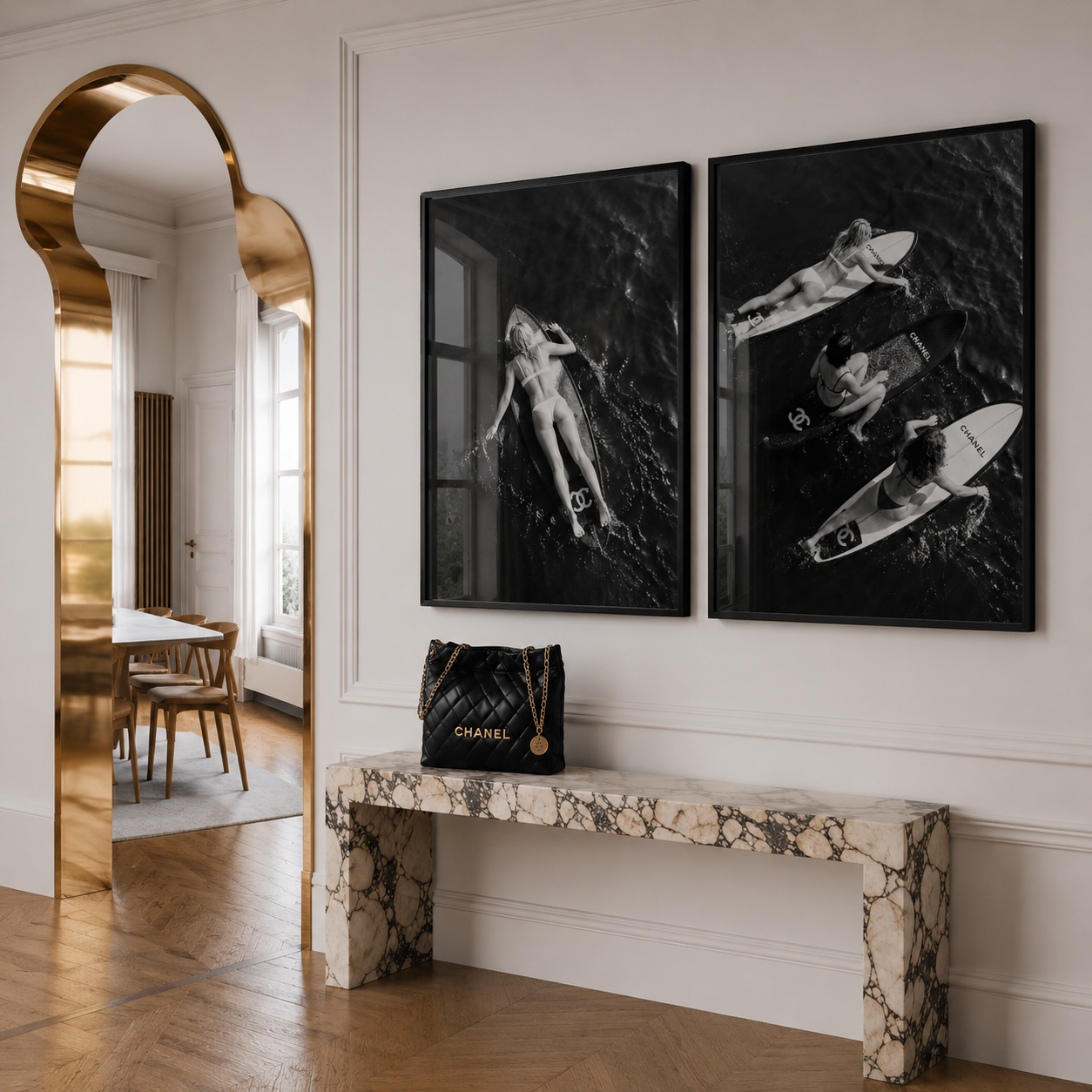 Stylish Black and White wall art of surfers in a designer apartment
