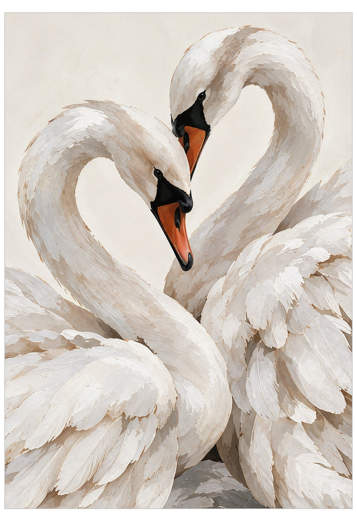 Swans Together Poster featuring two elegant white swans nestled closely together in a soft painterly style against a warm ivory background.