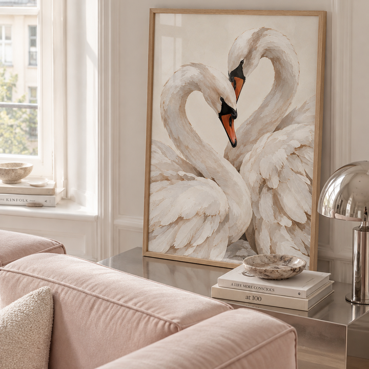 Swans Together Poster featuring two elegant white swans nestled closely together in a soft painterly style against a warm ivory background.