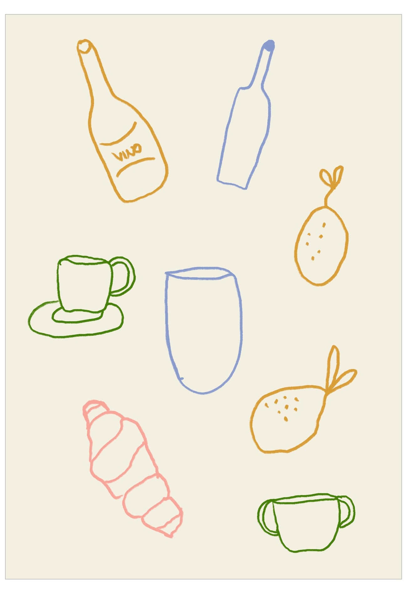Colorful line drawings of bottles, cups, and a croissant on a beige background