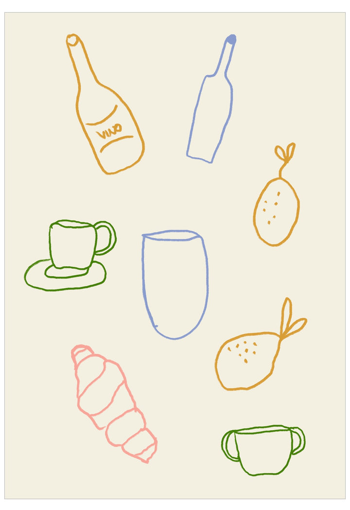 Colorful line drawings of bottles, cups, and a croissant on a beige background