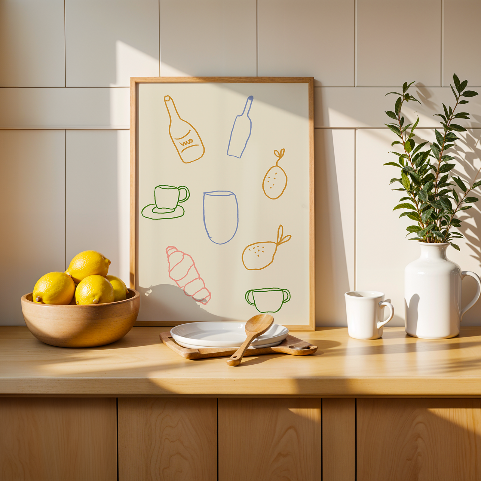 Kitchen counter with a bowl of lemons, a framed artwork, a plant, and kitchen utensils.