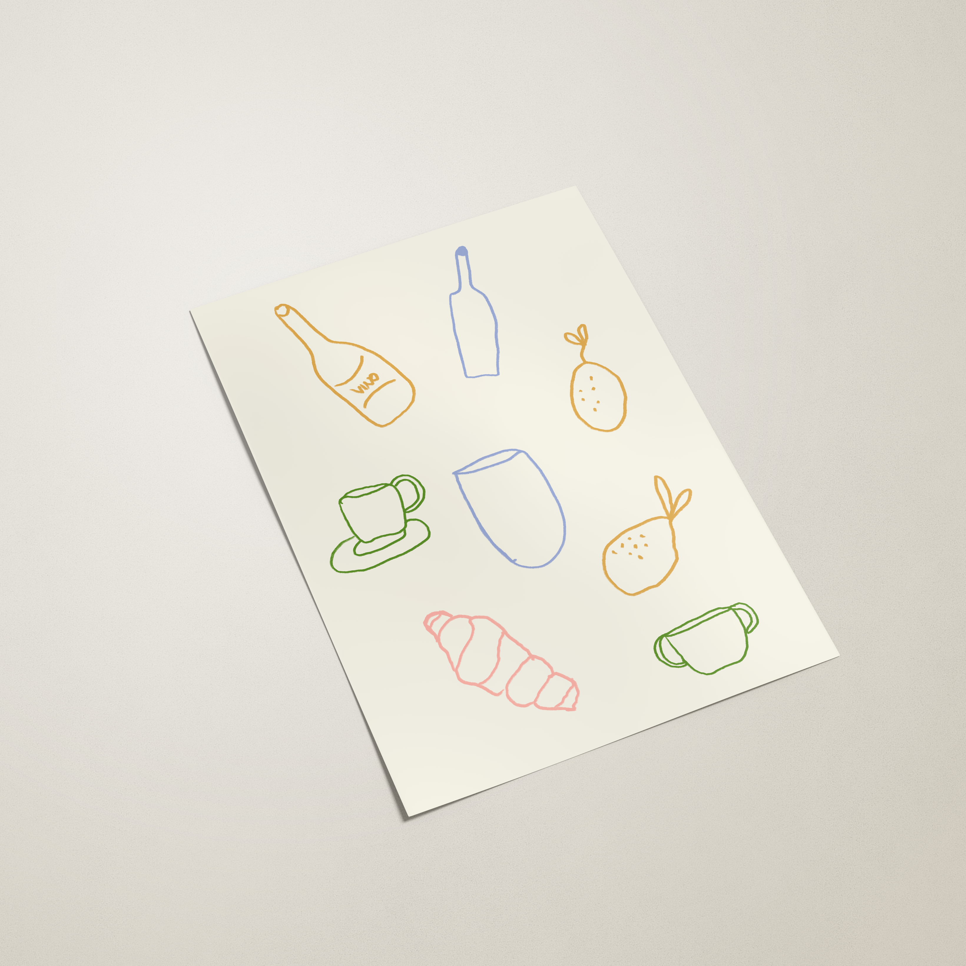Sheet of paper with colorful line drawings of food items on a light gray background