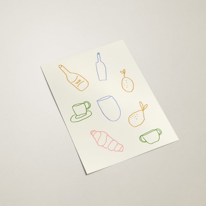 Sheet of paper with colorful line drawings of food items on a light gray background