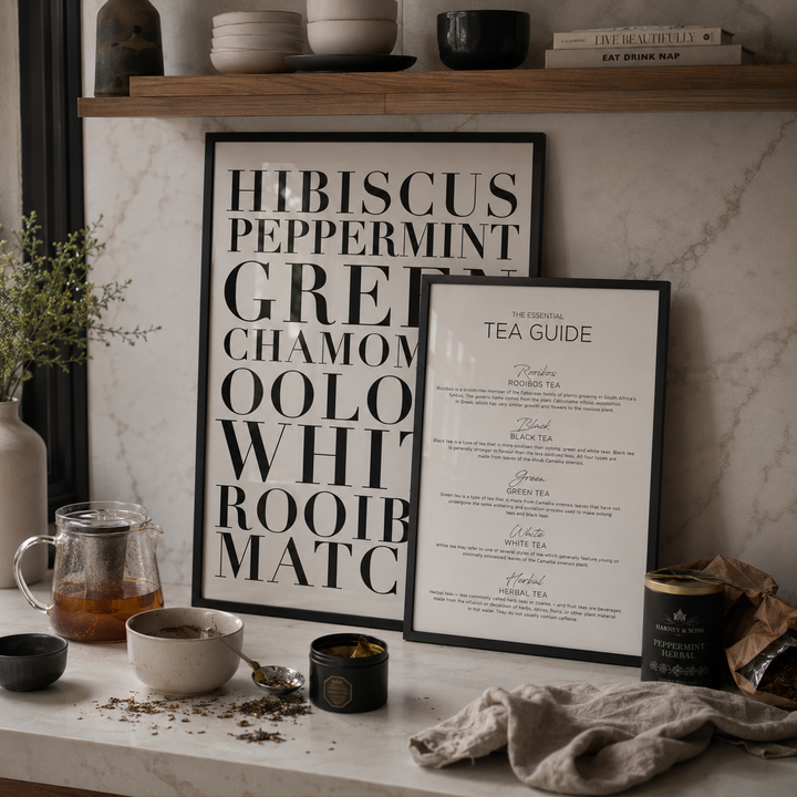 Tea-themed decor with framed text and a tea guide on a marble surface.