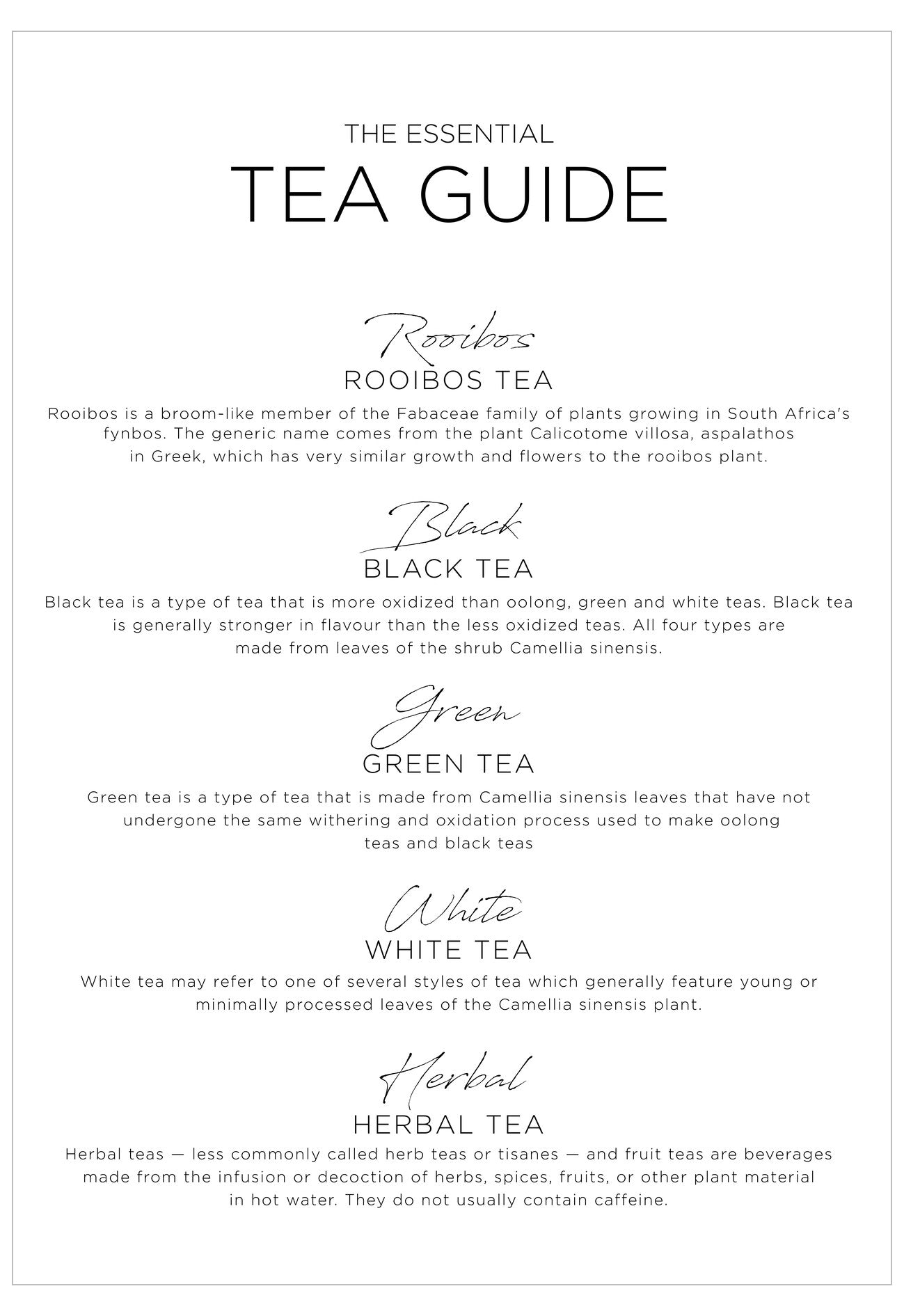 Tea guide with black text on a white background