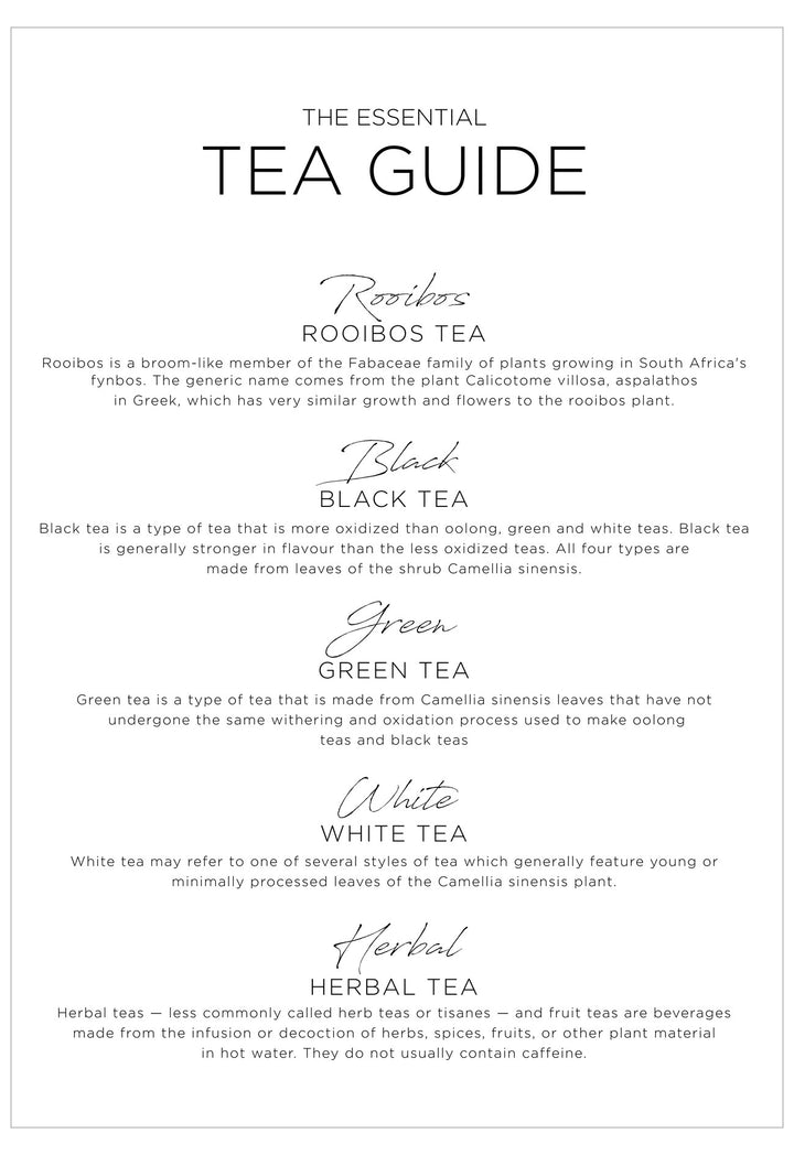 Tea guide with black text on a white background