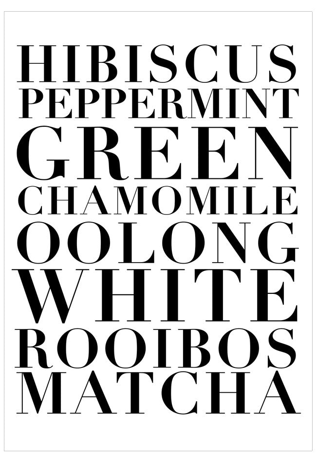 List of tea types in black text on a white background