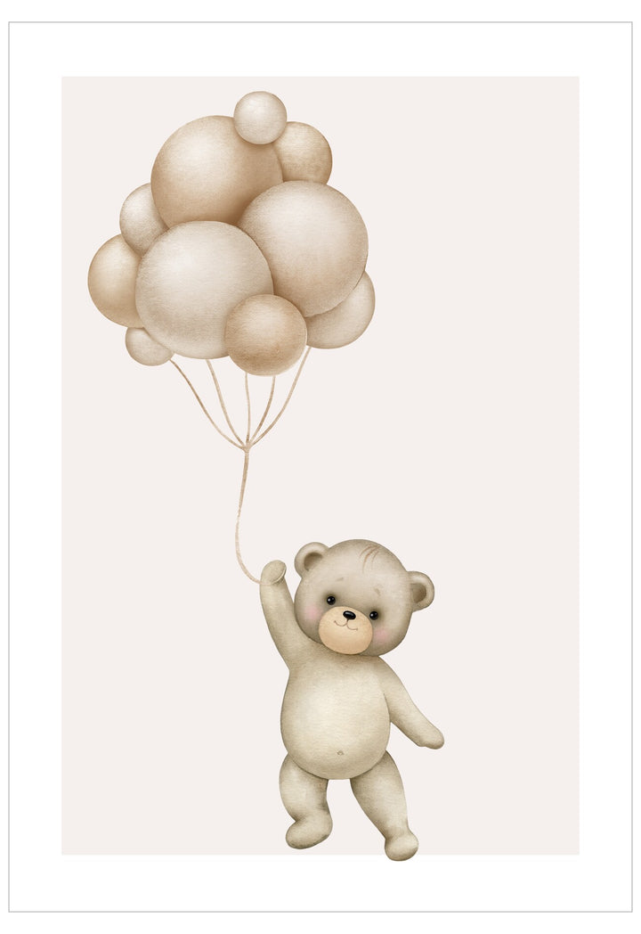 Illustration of a teddy bear holding balloons on a light pink background