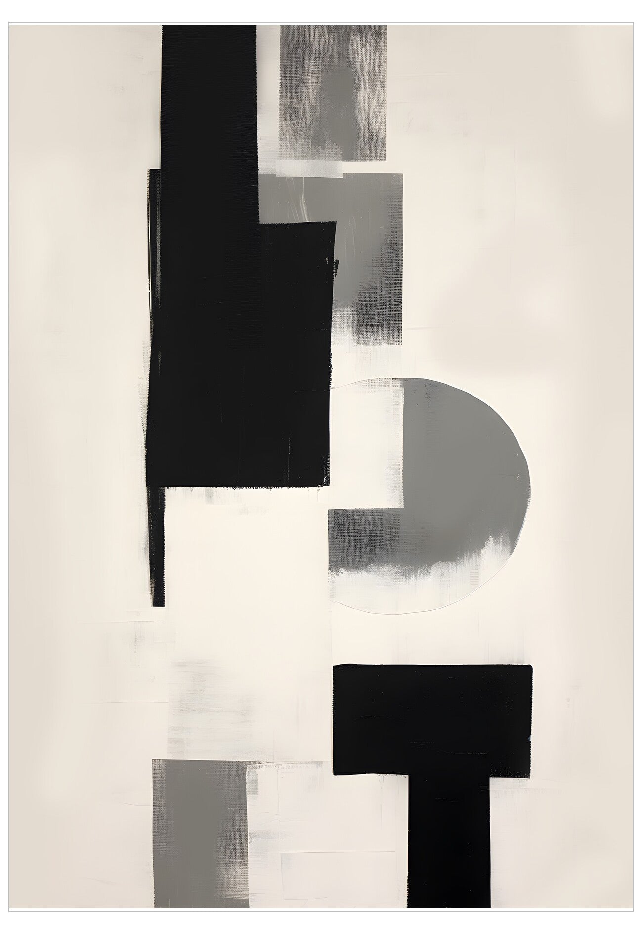 Abstract art piece with geometric shapes in black, gray, and white on a beige background