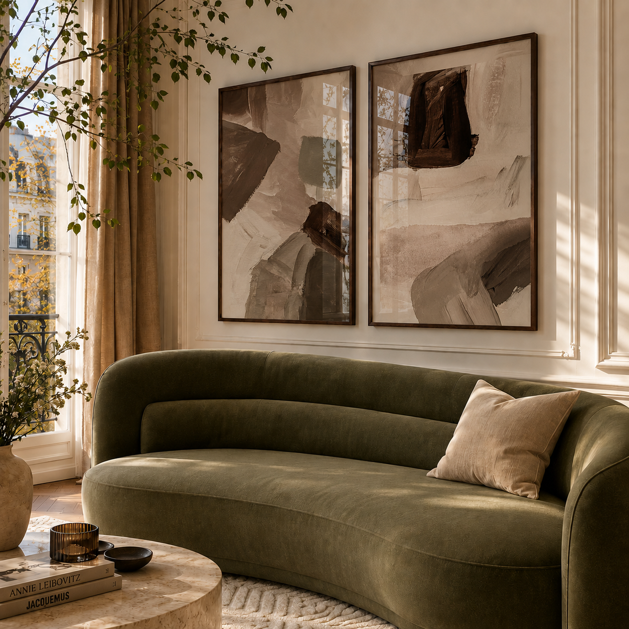 Green sofa in a living room with abstract art on the wall