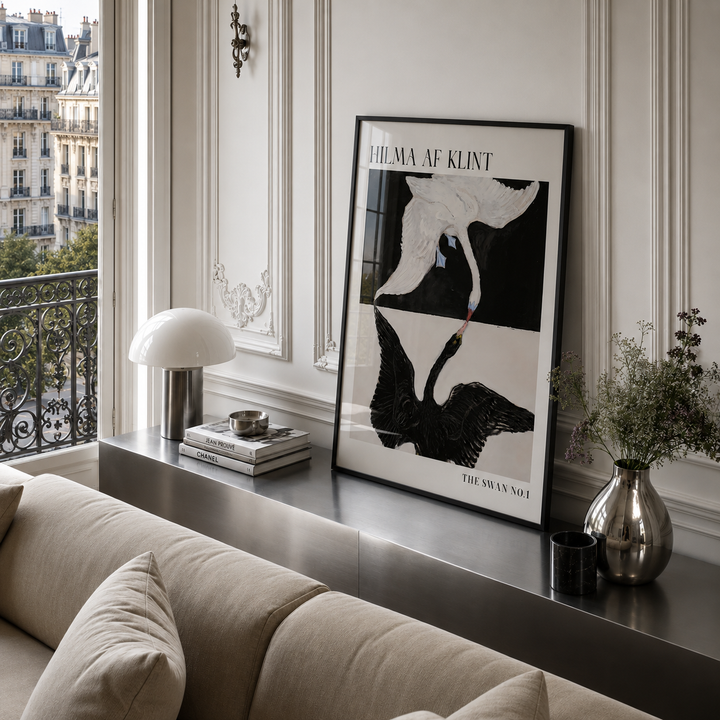 The Swan No.1 Poster, an iconic dual swan artwork inspired by Hilma af Klint's visionary style in a luxury Parisian apartment with a stainless steel sidboard.