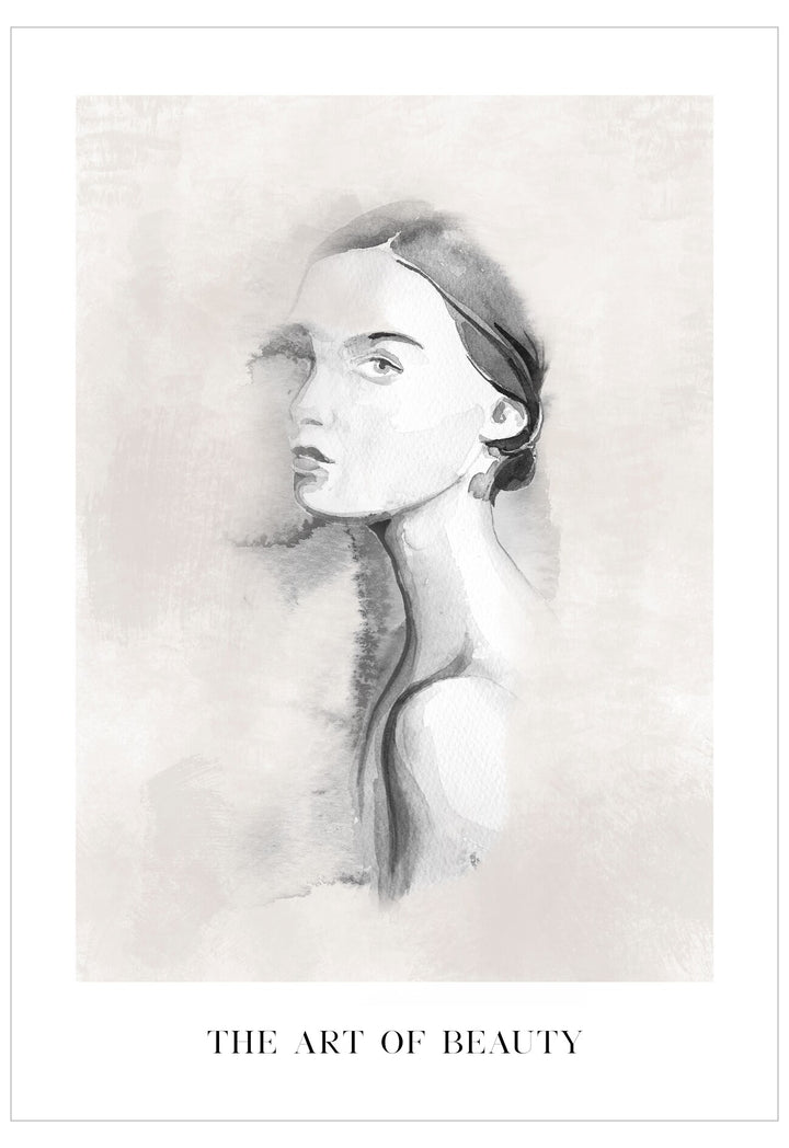 Pencil sketch of a woman's profile with 'The Art of Beauty' text below.