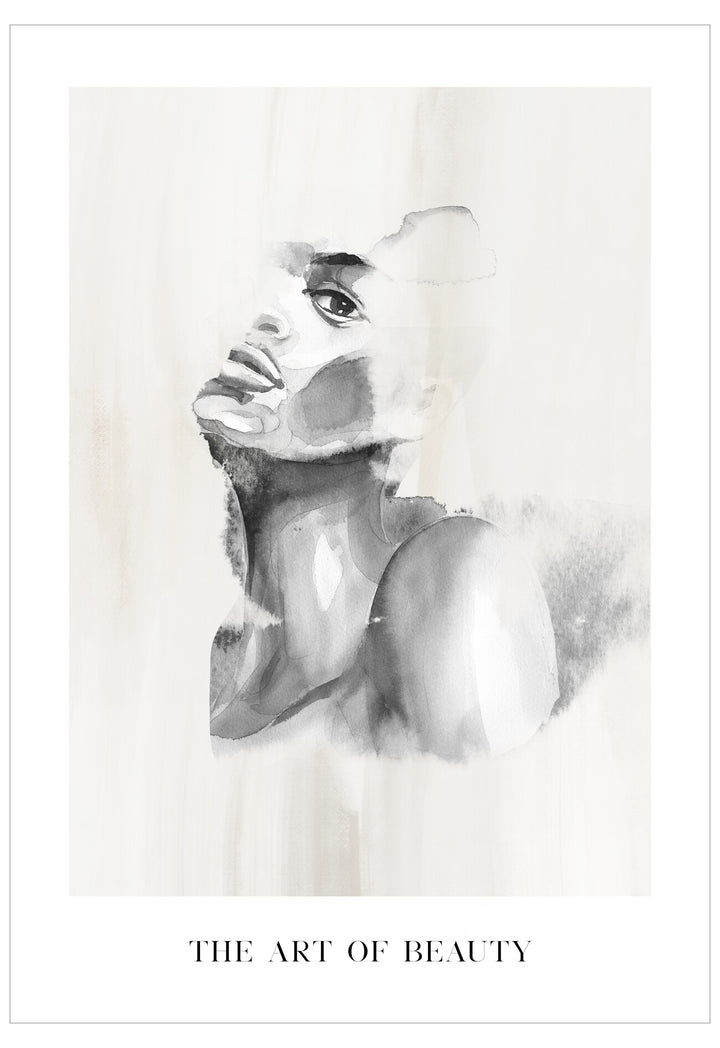 Black and white artistic depiction of a woman's face with 'The Art of Beauty' text below.
