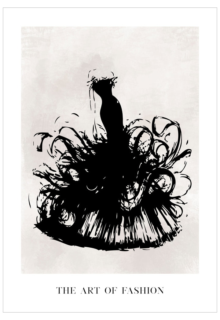 Black and white illustration of a dress with 'The Art of Fashion' text