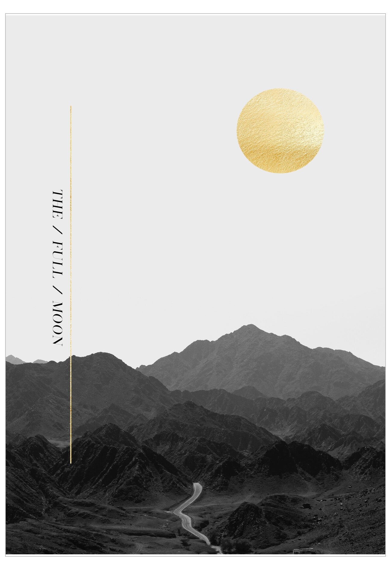Mountain landscape with a gold sun and text on a white background