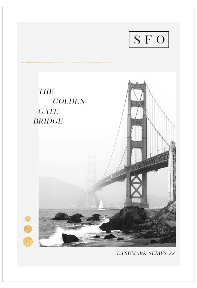 Black and white image of the Golden Gate Bridge with 'SFO' and 'Landmark Series' text.