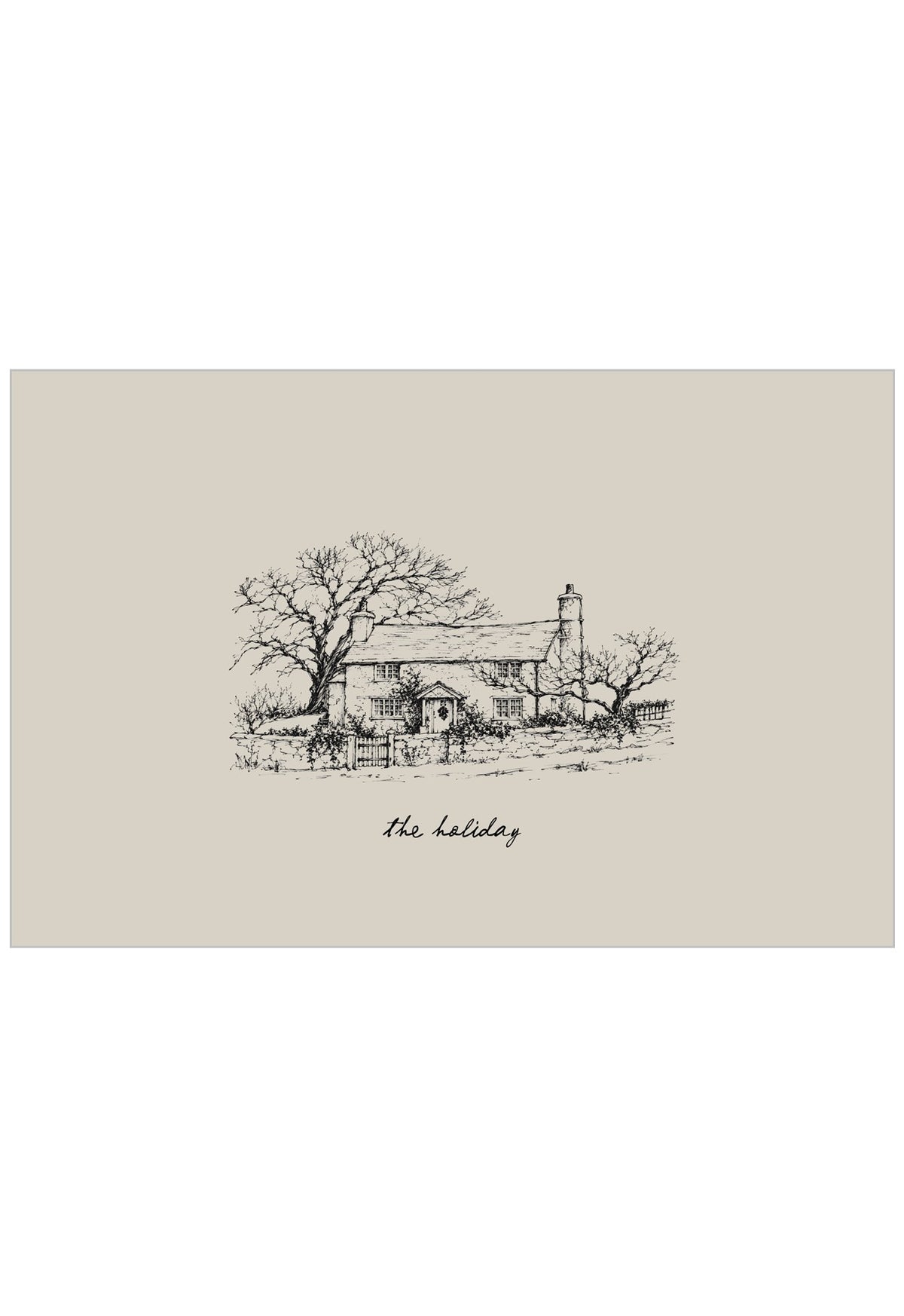 Hand-drawn illustration style poster of the iconic cottage from the festive classic film The Holiday, rendered in a charming, nostalgic style.