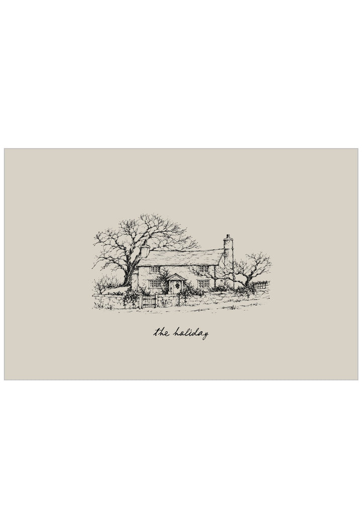 Hand-drawn illustration style poster of the iconic cottage from the festive classic film The Holiday, rendered in a charming, nostalgic style.