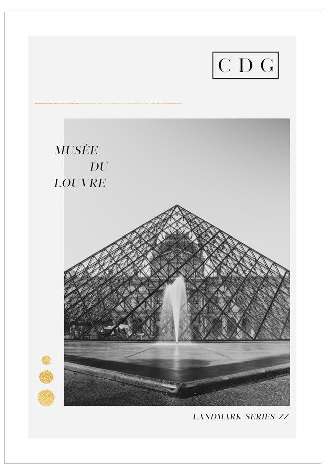 Black and white photo of the Louvre pyramid with 'CDG' branding