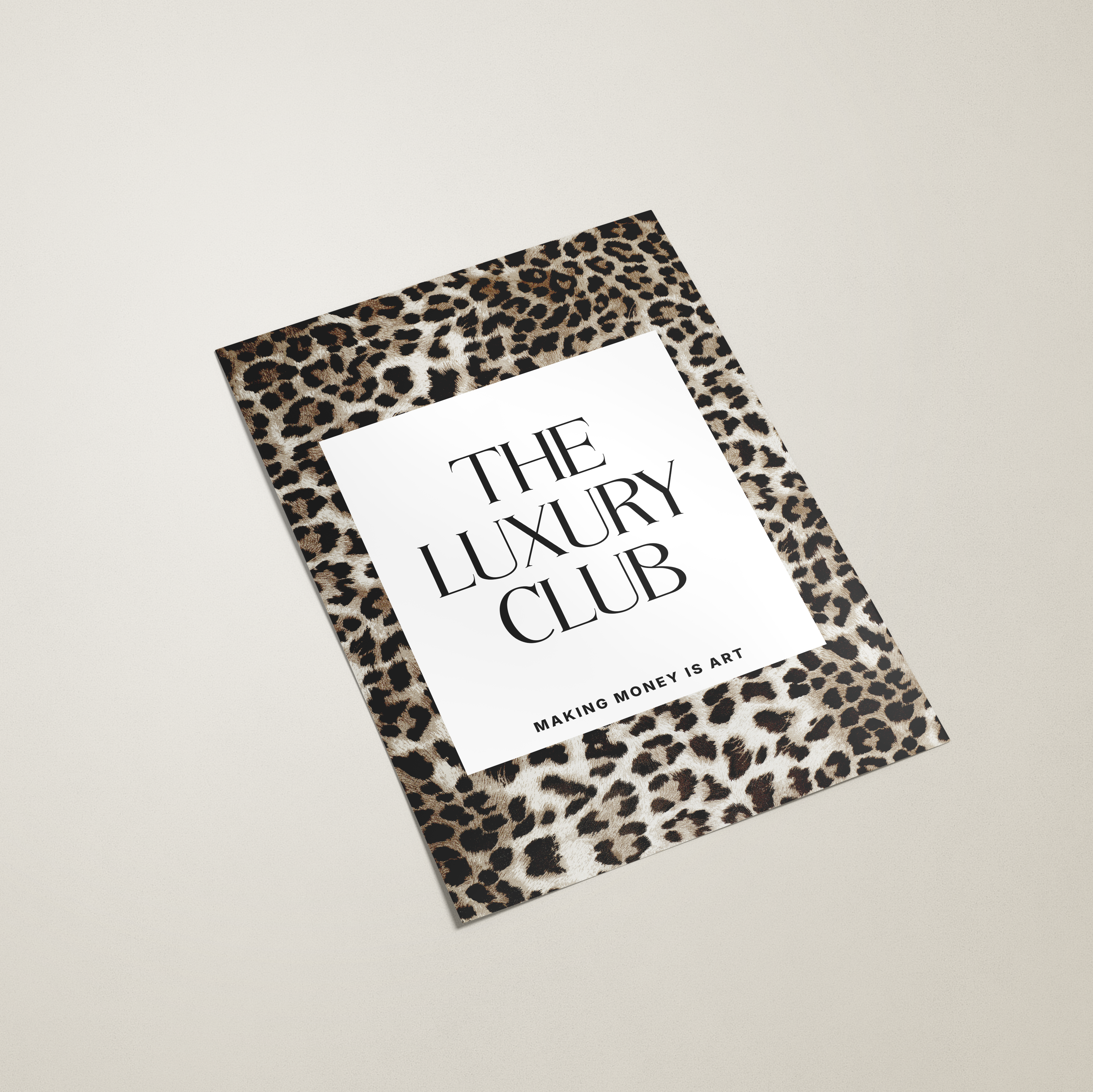 Leopard print frame with 'The Luxury Club' text on a beige background