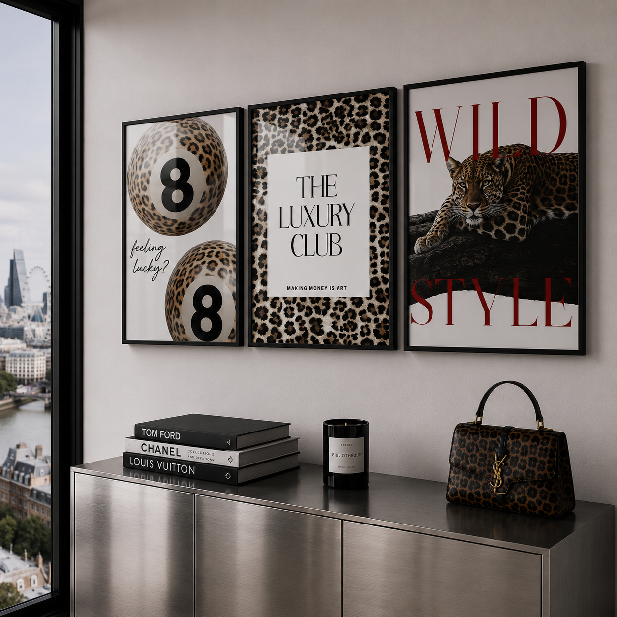 Leopard print wall art in london apartment