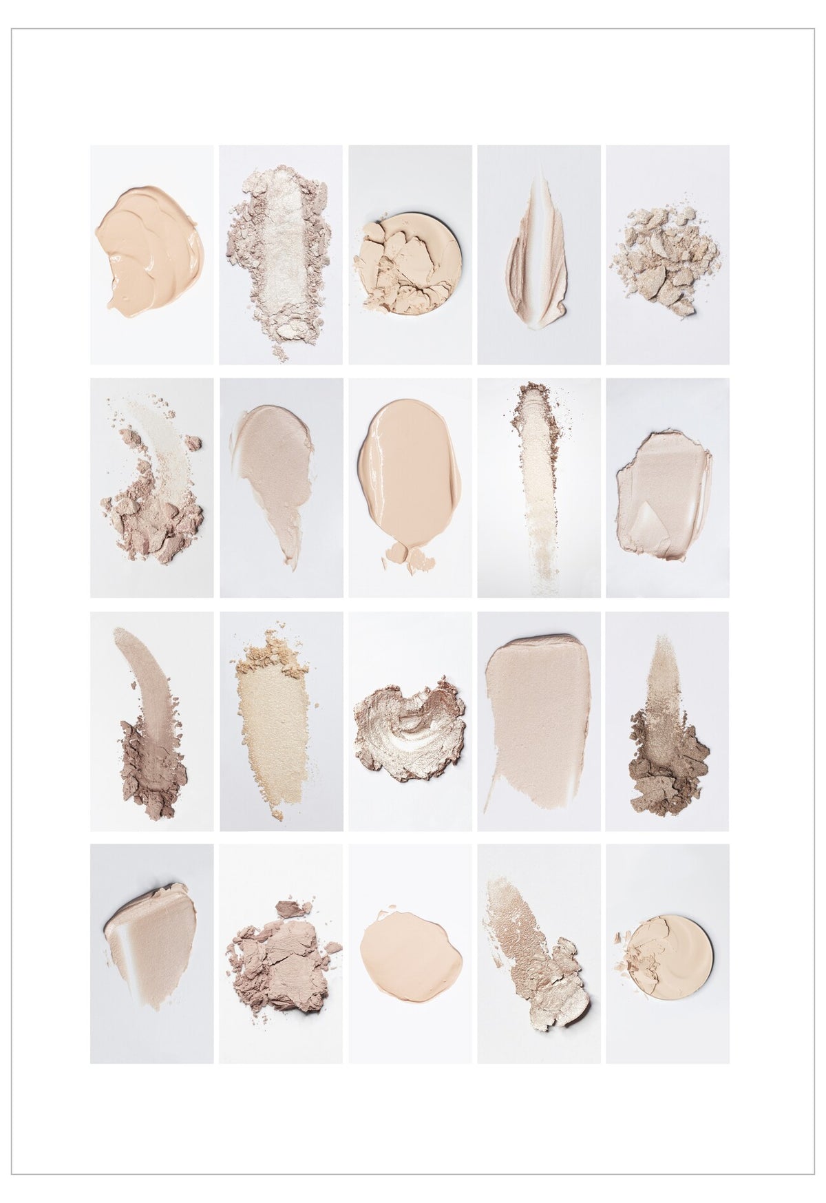 Collection of beige and brown makeup swatches on a white background